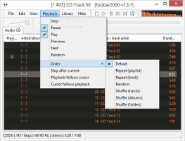 Showing the foobar2000 Playback menu and options